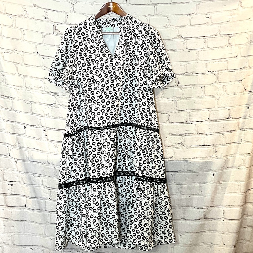 Jade Melody Tam Black White Short Sleeve Tiered Midi Dress Size Large